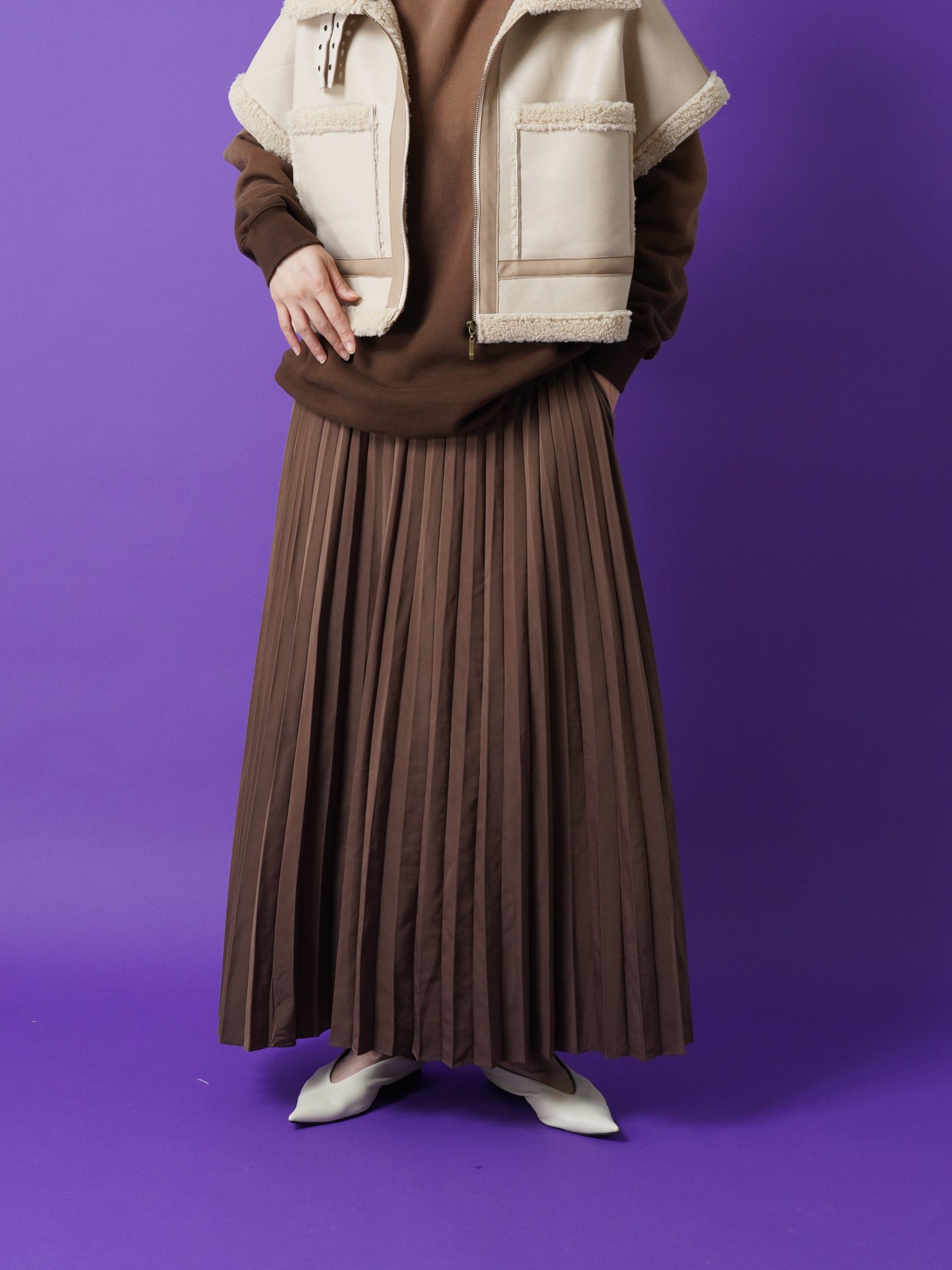 pleated taffeta×micro fleece skirt