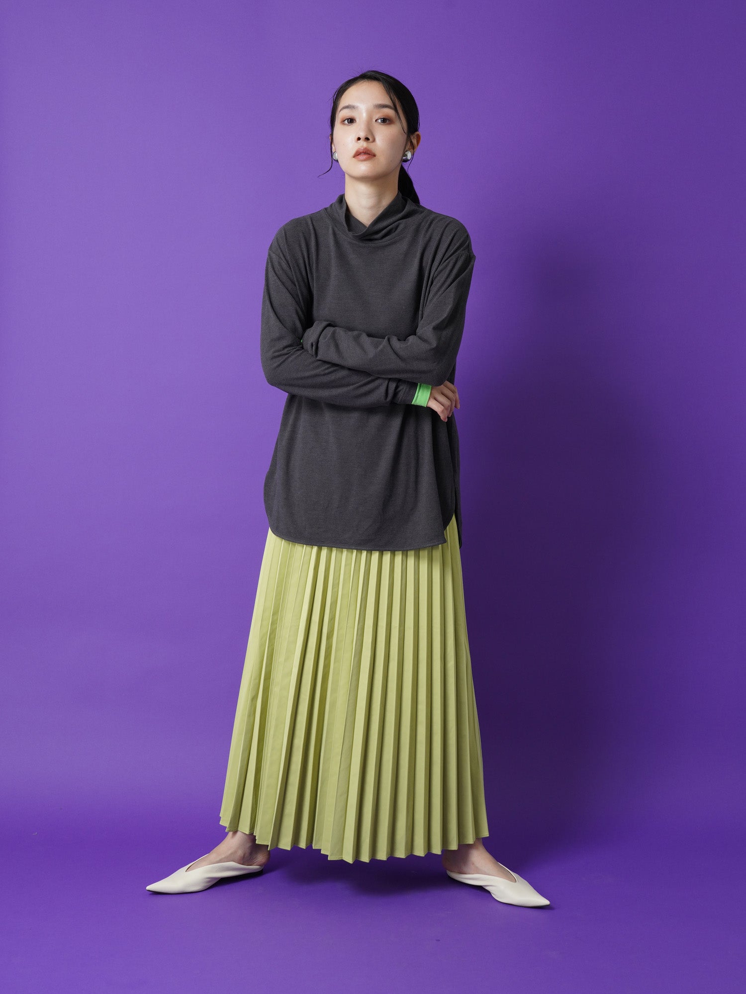 pleated taffeta×micro fleece skirt