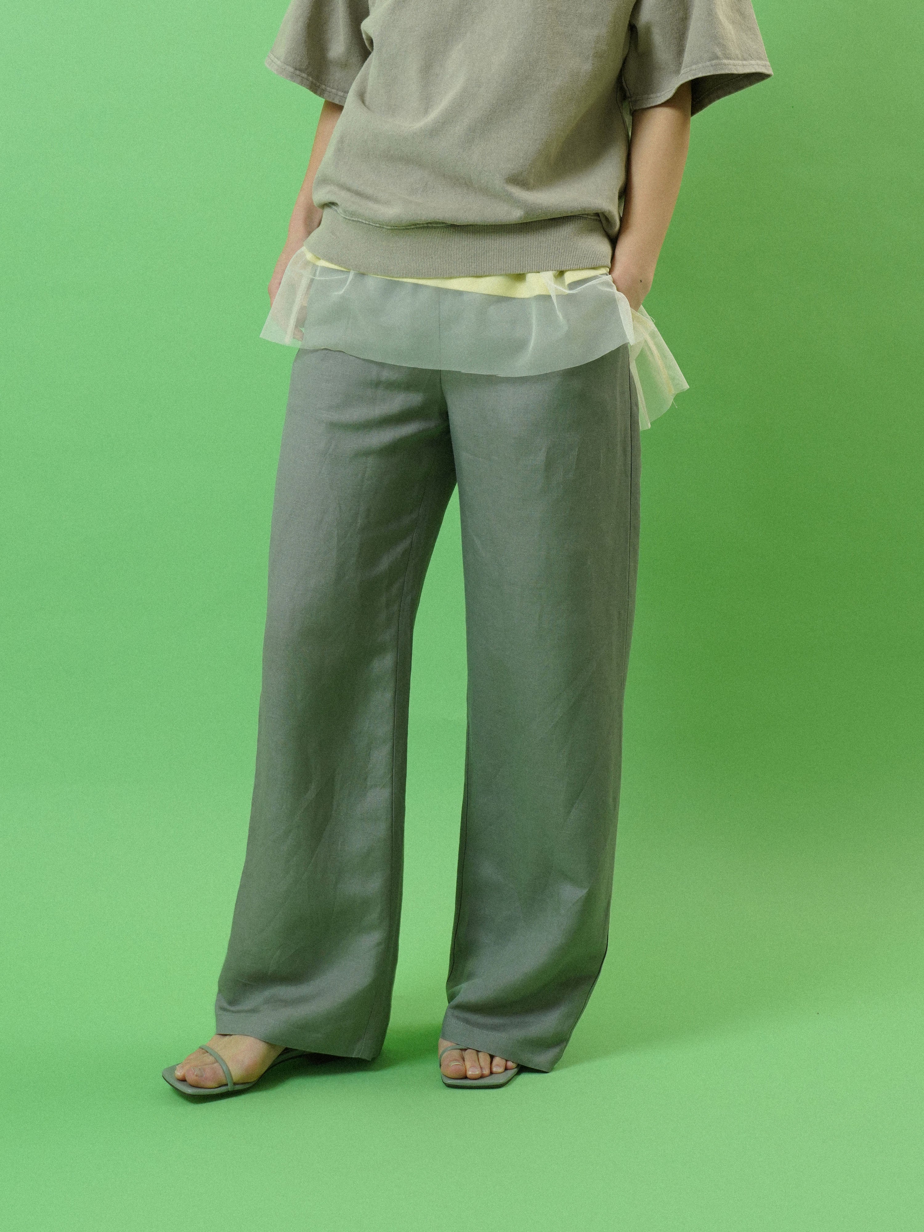 waist gather linen wide pants